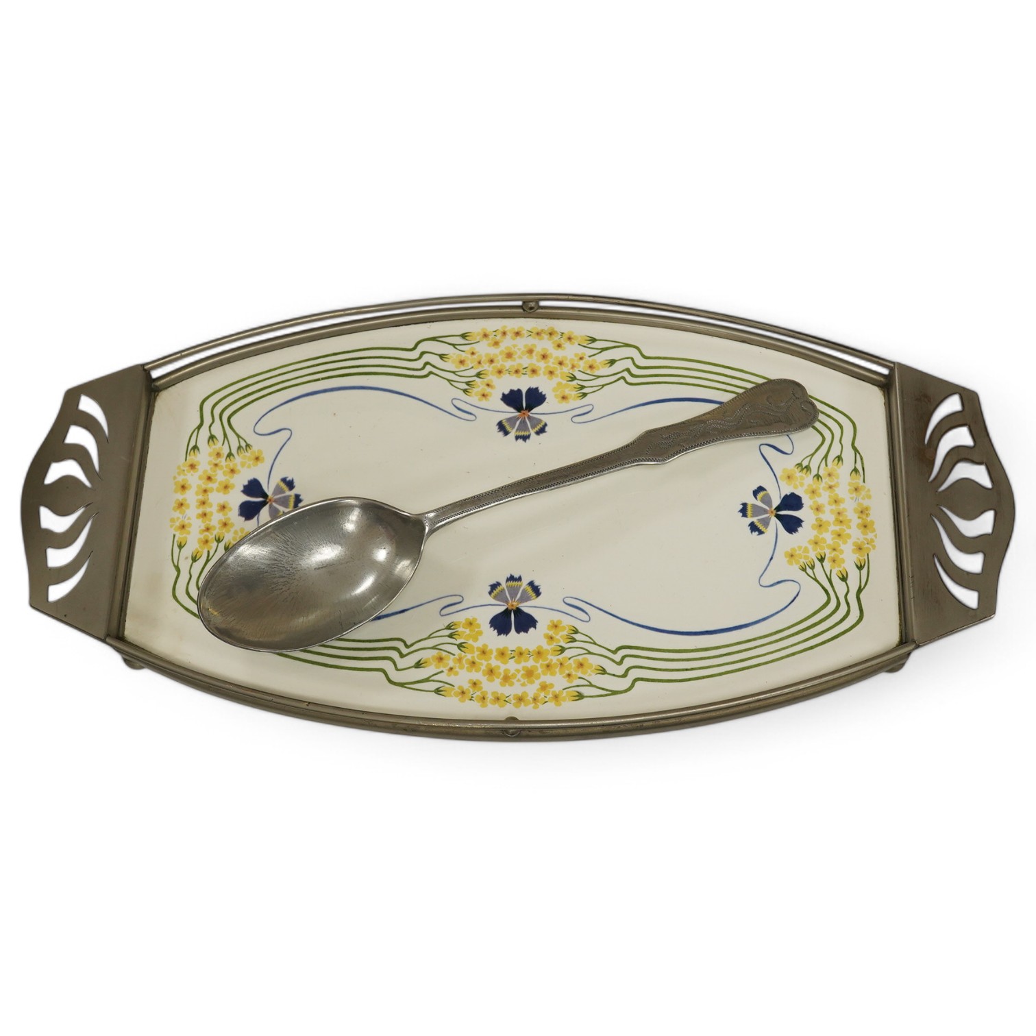 A WMF pewter and ceramic tray with a Norwegian “Askvoll Brug AS” pewter basting spoon, largest 51cm. Condition - fair to good